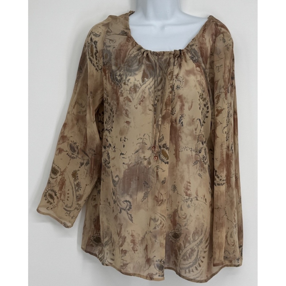 Marina Rinaldi XL WomenPaisley Sheer Peasant Blouse Tan Brown Boho Long Sleeve